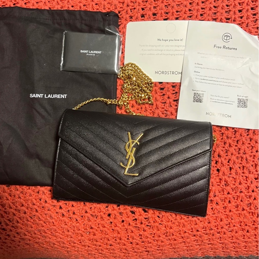 Saint Laurent Monogramme Quilted Leather Wallet on a Gold Chain